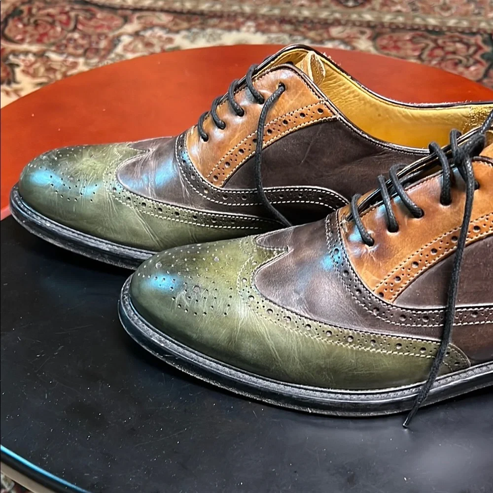 Two-Tone Leather Wingtip Oxfords in Brown and Green